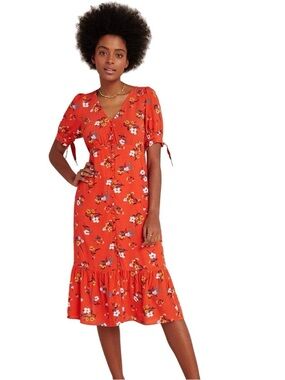 *FIRM* Anthropologie Red Floral Tie-Sleeve V-Neck Midi Dress